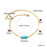 Aquamarine & Blue & Rose & Mixed Color 1 Rectangular Zircon + 4 Mixed Color Beads Anklet 21+5cm Golden