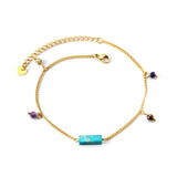 Aquamarine & Blue & Rose & Mixed Color 1 Rectangular Zircon + 4 Mixed Color Beads Anklet 21+5cm Golden