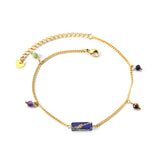 Aquamarine & Blue & Rose & Mixed Color 1 Rectangular Zircon + 4 Mixed Color Beads Anklet 21+5cm Golden