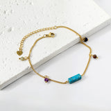 Aquamarine & Blue & Rose & Mixed Color 1 Rectangular Zircon + 4 Mixed Color Beads Anklet 21+5cm Golden