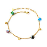 4 mixed color eye beads + 3 steel beads anklet 21+4cm gold color