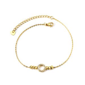 4 Steel Beads + Circle Fittings w/ White Diamonds Anklet 21+6cm Gold