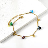 4 mixed color eye beads + 3 steel beads anklet 21+4cm gold color