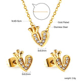 Heart with Crown Pendant Jewelry Set with Diamonds Steel/Gold