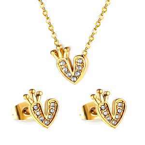 Heart with Crown Pendant Jewelry Set with Diamonds Steel/Gold