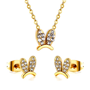 Rabbit Headdress Pendant with Diamonds Jewelry Set Steel/Gold