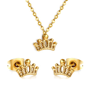 Gold/Steel Polished Crown Shape Jewelry Set