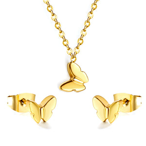 Gold/Steel Butterfly Pendant Jewelry Set in Polished Finish