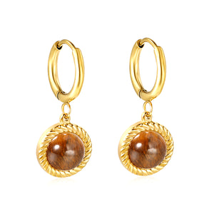 2*10mm I.D. earrings+11.6mm round twisted edge with half tiger's eye/half white pearl earrings gold/steel color