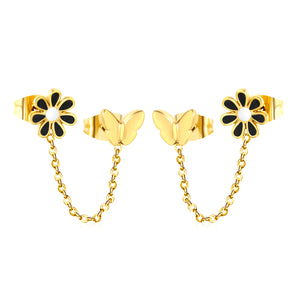 8mm black flower + 6.7*5.6mm butterfly + 03 cross chain 30mm accessories earrings gold color