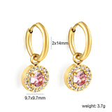 Wire 2*14mm O.D. earrings + 9.7mm round pink zirconia/emerald green glass + CNC drilling white zirconium hoop fittings Gold color