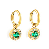 Wire 2*14mm O.D. earrings + 9.7mm round pink zirconia/emerald green glass + CNC drilling white zirconium hoop fittings Gold color