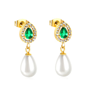 8.6*10.8mm teardrop shaped emerald green glass + CNC set white zirconium ring + 8.5*12mm teardrop shaped white imitation pearl fittings Earrings gold color