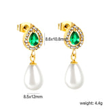 8.6*10.8mm teardrop shaped emerald green glass + CNC set white zirconium ring + 8.5*12mm teardrop shaped white imitation pearl fittings Earrings gold color