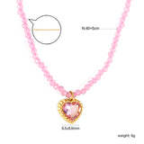 8.5*8.6mm Bead Edge Heart Shape Sticky White/Black/Purple/Red/Pink Zircon Pendant 2mm White Beads*40+5cm+6mm Round Plaque Necklace Gold Color