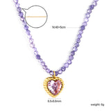 8.5*8.6mm Bead Edge Heart Shape Sticky White/Black/Purple/Red/Pink Zircon Pendant 2mm White Beads*40+5cm+6mm Round Plaque Necklace Gold Color