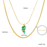 6.4*11mm Leaf with Green Zirconium Pendant 1.2 Round Snake*45cm0.6 Cross Hammered Round Chain*40cm+5cm+6mm Round Plaque Double Chain Necklace Gold