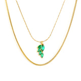 6.4*11mm Leaf with Green Zirconium Pendant 1.2 Round Snake*45cm0.6 Cross Hammered Round Chain*40cm+5cm+6mm Round Plaque Double Chain Necklace Gold