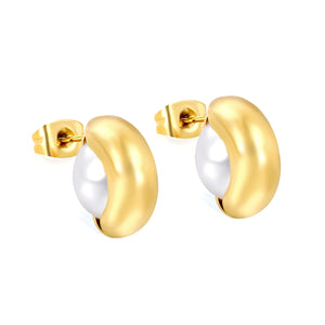 6*14mm semi-curved hoop with 10mm semi-white rubber bead earrings Gold color