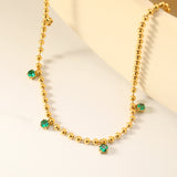 4mm Round Emerald Zirconia Accessories 3mm Bead Chain*40+5cm+6mm Round Plaque Necklace Golden