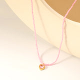 8.5*8.6mm Bead Edge Heart Shape Sticky White/Black/Purple/Red/Pink Zircon Pendant 2mm White Beads*40+5cm+6mm Round Plaque Necklace Gold Color