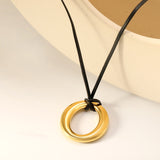 35mm Hollow Circle Pendant 45+5cm+6mm Round Plaque Leather Strap Necklace Steel/Gold