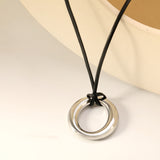 35mm Hollow Circle Pendant 45+5cm+6mm Round Plaque Leather Strap Necklace Steel/Gold