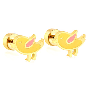 Screw plug 0.8*8mm pin 8*6.4mm small bird with yellow oil drop earrings gold color