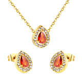 8.7*11mm teardrop shaped garnet red zirconium with white zirconium hoops earrings + necklace cross chain 0.3*44+5cm+6mm round end plate Set steel color / gold color