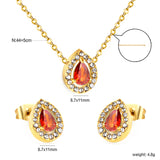 8.7*11mm teardrop shaped garnet red zirconium with white zirconium hoops earrings + necklace cross chain 0.3*44+5cm+6mm round end plate Set steel color / gold color