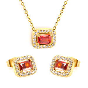 11*8.8mm rectangle garnet red zirconium with white zirconium circle earrings + necklace cross chain 0.3*44+5cm+6mm round end plate Set steel color/golden