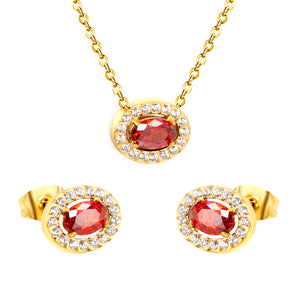 10.3*8.4mm oval garnet red zirconium with white zirconium hoop earrings + necklace cross chain 0.3*44+5cm+6mm round end plate Set steel color/golden color