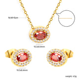 10.3*8.4mm oval garnet red zirconium with white zirconium hoop earrings + necklace cross chain 0.3*44+5cm+6mm round end plate Set steel color/golden color