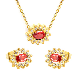 12.4*10.2 Lace Oval Garnet Red Zirconium with White Zirconium Hoops Earrings + Necklace Cross Chain 0.3*44+5cm+6mm Round Tail Plate Set Steel/Golden