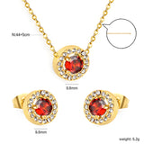 9.6mm Round Garnet Red Zirconia with White Zirconia Hoop Earrings + Necklace Cross Chain 0.3*44+5cm+6mm Round Tail Plaque Set Steel Color / Gold