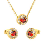 9.6mm Round Garnet Red Zirconia with White Zirconia Hoop Earrings + Necklace Cross Chain 0.3*44+5cm+6mm Round Tail Plaque Set Steel Color / Gold