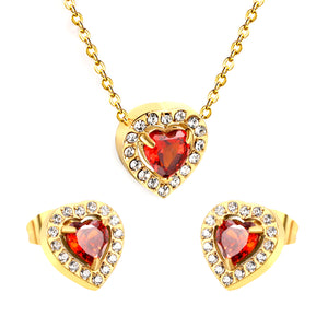 9.7*10.5mm heart shaped pomegranate red zirconium with white zirconium hoop earrings + necklace cross chain 0.3*44+5cm+6mm round end plate Set Steel/Golden color