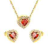 9.7*10.5mm heart shaped pomegranate red zirconium with white zirconium hoop earrings + necklace cross chain 0.3*44+5cm+6mm round end plate Set Steel/Golden color