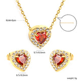 9.7*10.5mm heart shaped pomegranate red zirconium with white zirconium hoop earrings + necklace cross chain 0.3*44+5cm+6mm round end plate Set Steel/Golden color