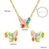 9.3*8.4mm Butterfly with white zirconium/color zirconium earrings + necklace 0.3*44+5cm+6mm round tail plate set steel/golden