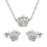 11.4*8.4mm Crown with White Zirconium Stud Earrings + Necklace Cross Chain 0.3*44+5cm+6mm Round End Plate Set Steel/Golden color