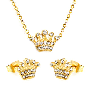 11.4*8.4mm Crown with White Zirconium Stud Earrings + Necklace Cross Chain 0.3*44+5cm+6mm Round End Plate Set Steel/Golden color