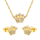 11.4*8.4mm Crown with White Zirconium Stud Earrings + Necklace Cross Chain 0.3*44+5cm+6mm Round End Plate Set Steel/Golden color