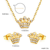 11.4*8.4mm Crown with White Zirconium Stud Earrings + Necklace Cross Chain 0.3*44+5cm+6mm Round End Plate Set Steel/Golden color