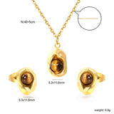 Tiger Eye Set Gold 0.3 Cross 40+5cm+6mm Earring+8.3*11.6mm Pendant Necklace 8.3*11.6mm Round Tail Plaque Set Gold color