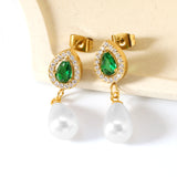 8.6*10.8mm teardrop shaped emerald green glass + CNC set white zirconium ring + 8.5*12mm teardrop shaped white imitation pearl fittings Earrings gold color