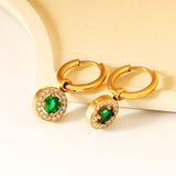 Wire 2*14mm O.D. earrings + 9.7mm round pink zirconia/emerald green glass + CNC drilling white zirconium hoop fittings Gold color