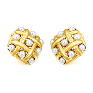 23.4mm Woven Mesh Rhombus with 4mm White Gum Bead Stud Earrings Gold Color