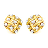 23.4mm Woven Mesh Rhombus with 4mm White Gum Bead Stud Earrings Gold Color