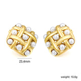 23.4mm Woven Mesh Rhombus with 4mm White Gum Bead Stud Earrings Gold Color